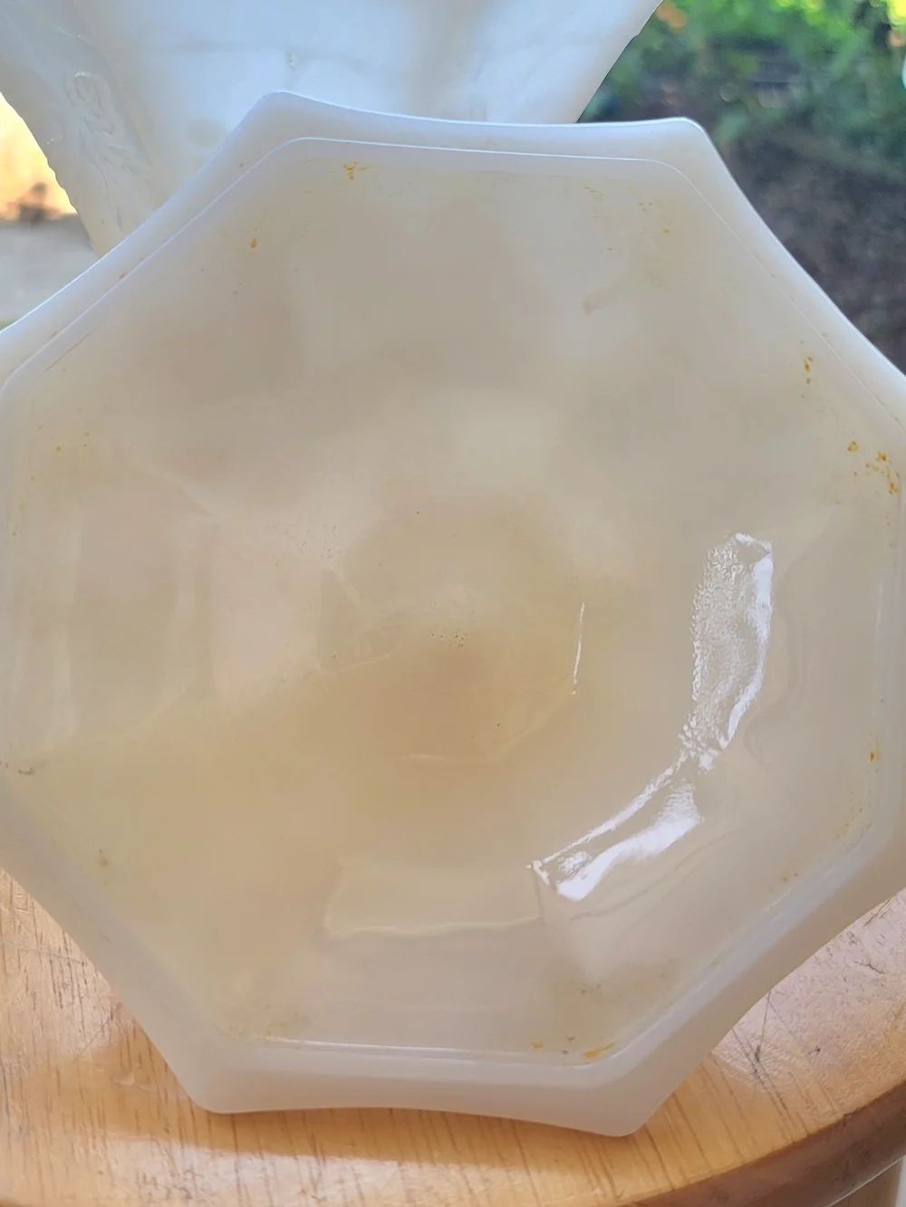 White Milk Glass Hexagonal Candy Dish with Grape Motif